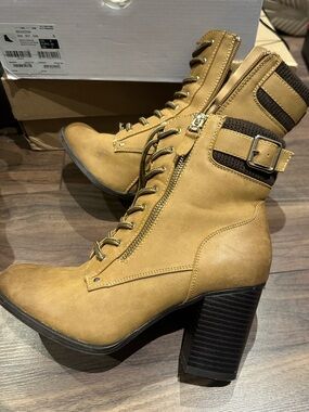 Call It Spring Lace-Up Buckle Ankle Boots in Tan
